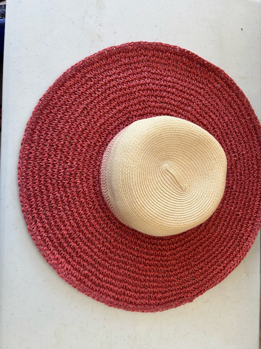 Vince Camuto Two-Tone Wide Brim Straw Hat in Red and Cream